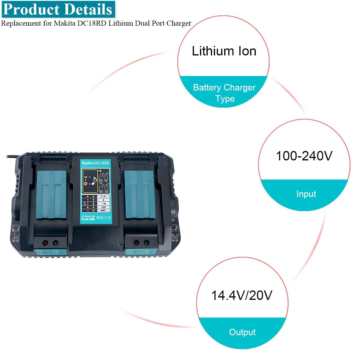 4 Pack For 18V 6Ah Makita BL1860B Battery Replacement & Dual Port Charger Starter Pack / Replacement charger for Makita 18V battery charger DC18RD - Image 3