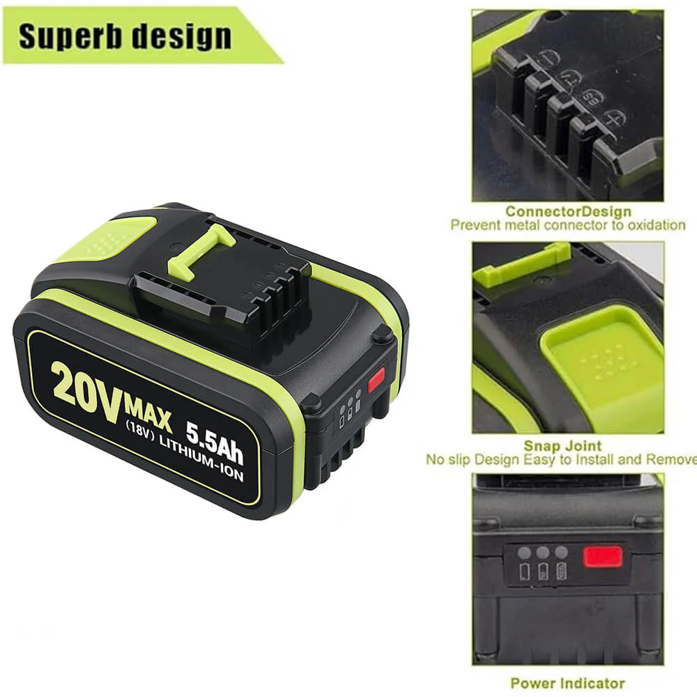 For Worx 20V 5.5Ah Li-ion Replacement Battery WA3551 WA3551.1 WA3553 WA3553.2 WA3641 WG629E - Image 2